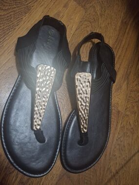Women’s Black Sandals with Gold Accent - Elegant T-Strap